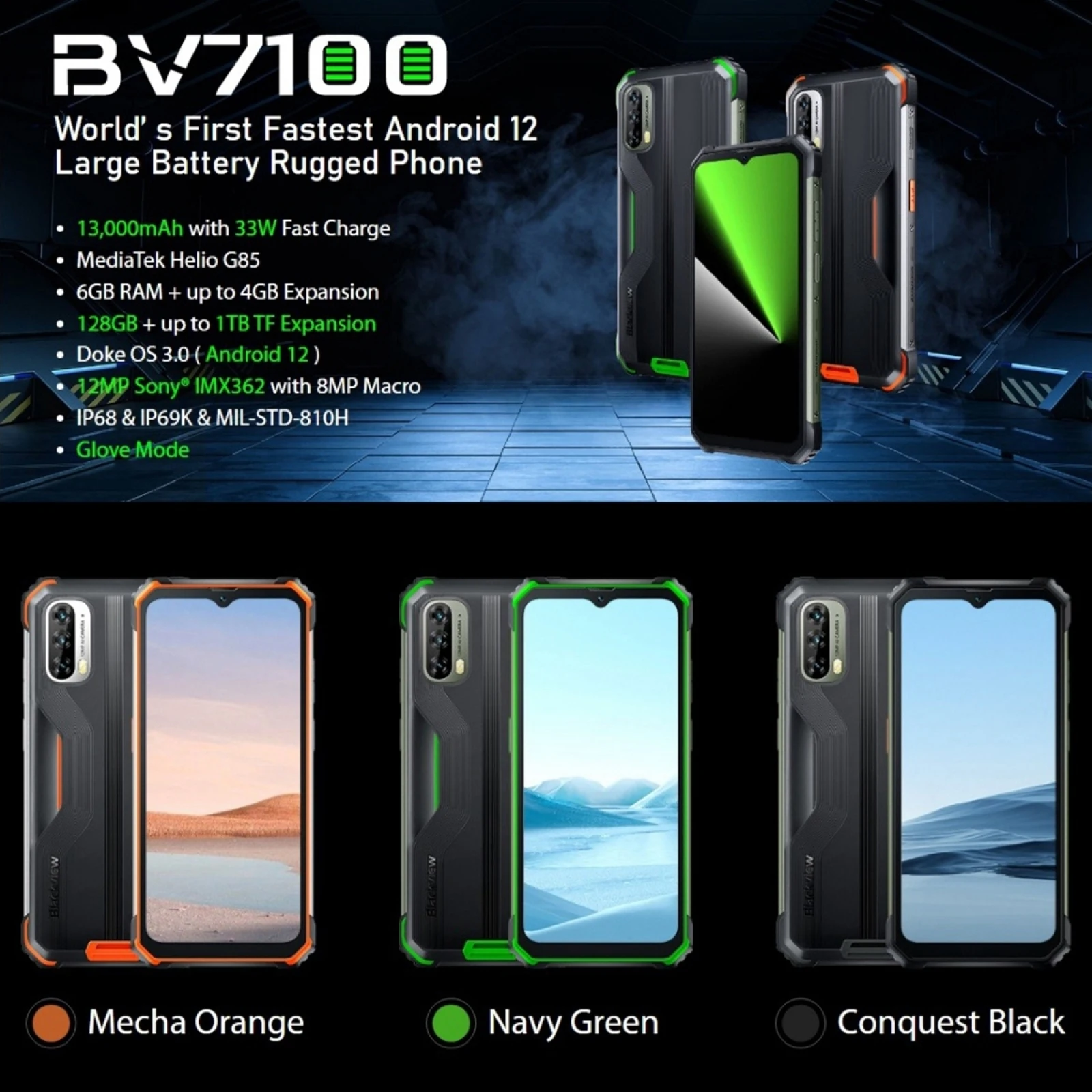Blackview BV7100 견고한 휴대폰, 안드로이드 12 헬리오 G85 옥타 코어 모바일 6.58 인치 방수 휴대폰, 13000mAh NFC 12MP 캠, 6GB 128GB