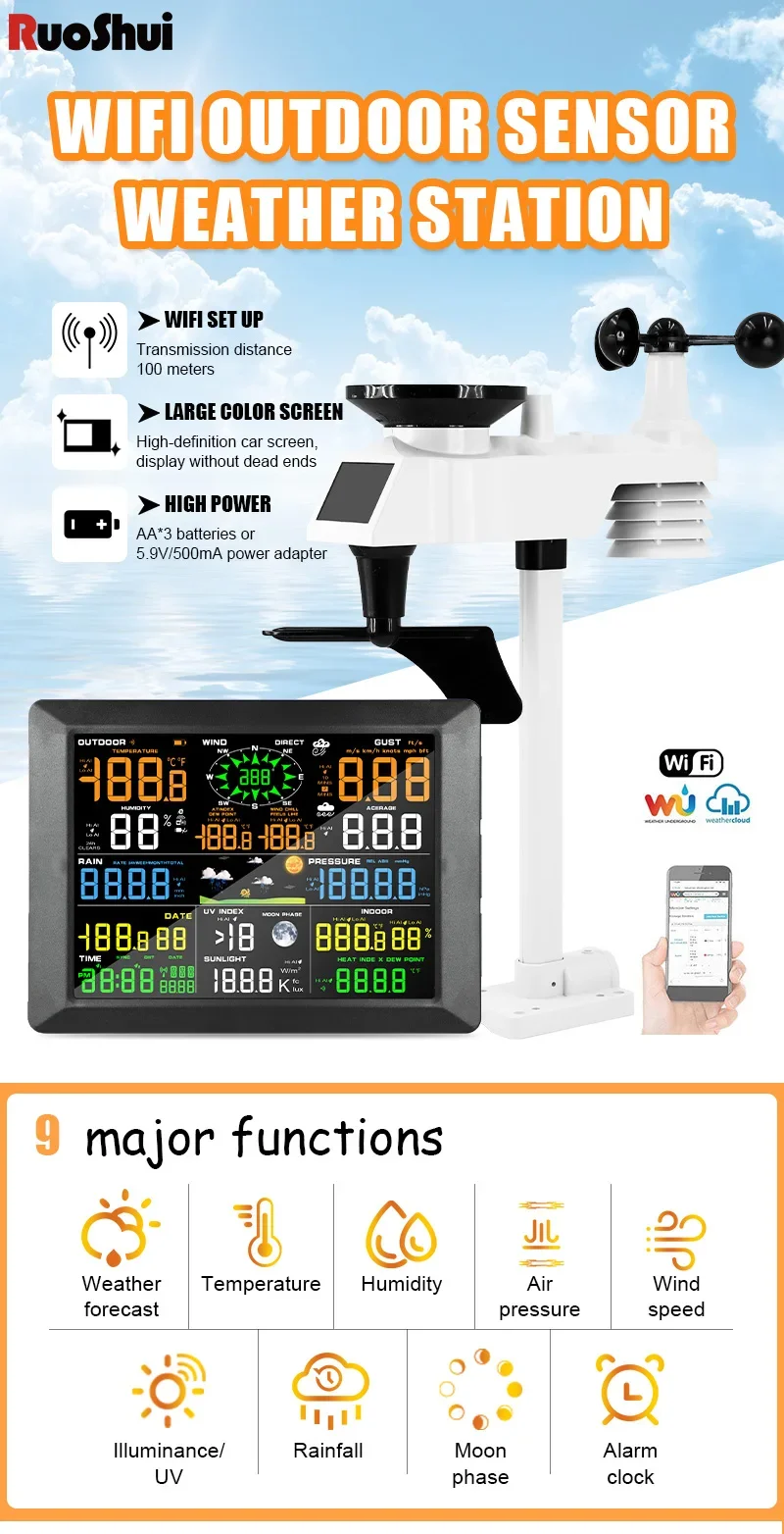 0310 Professional WiFi Weather Station Internet Wireless with Outdoor Sensor Rai