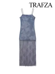 TRAFZA 2024 Women's Sexy Denim Dress Solid Lace Splicing Sleeveless Fashion Mid Waist Solid Vintage Chic Street Suspender Dress