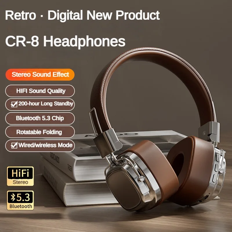 CR-8 클래식 오버이어 헤드셋, 스튜디오 DJ 스테레오, 블루투스 5.3, 무선 레트로 헤드폰, 터치 컨트롤, C타입 이어폰, 2024 신제품
