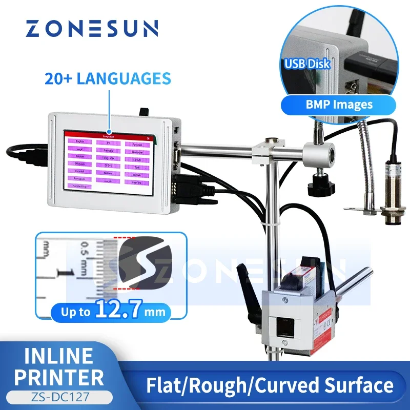 

ZONESUN Inline Printer Date Coding Machine 12.7mm QR Code Barcode Batch Serial Number Production Date ZS-DC127