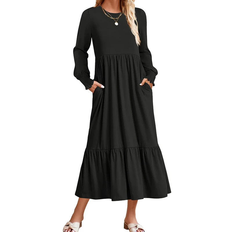 

Women's 2023 Fall Long Sleeve Dress Crewneck Casual Loose Pleated Tiered Swing Maxi Dresses With Pockets