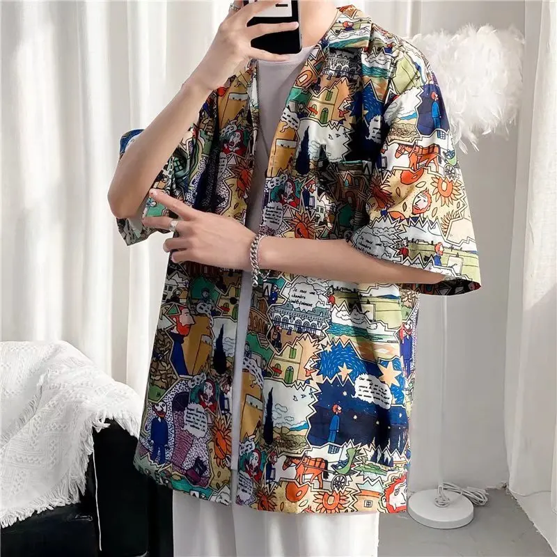 

Men's Summer Short Sleeve Handsome Loose Fitting Print Shirt Vacation Beach Casual Tops Hawaiian Retro Floral Shirt