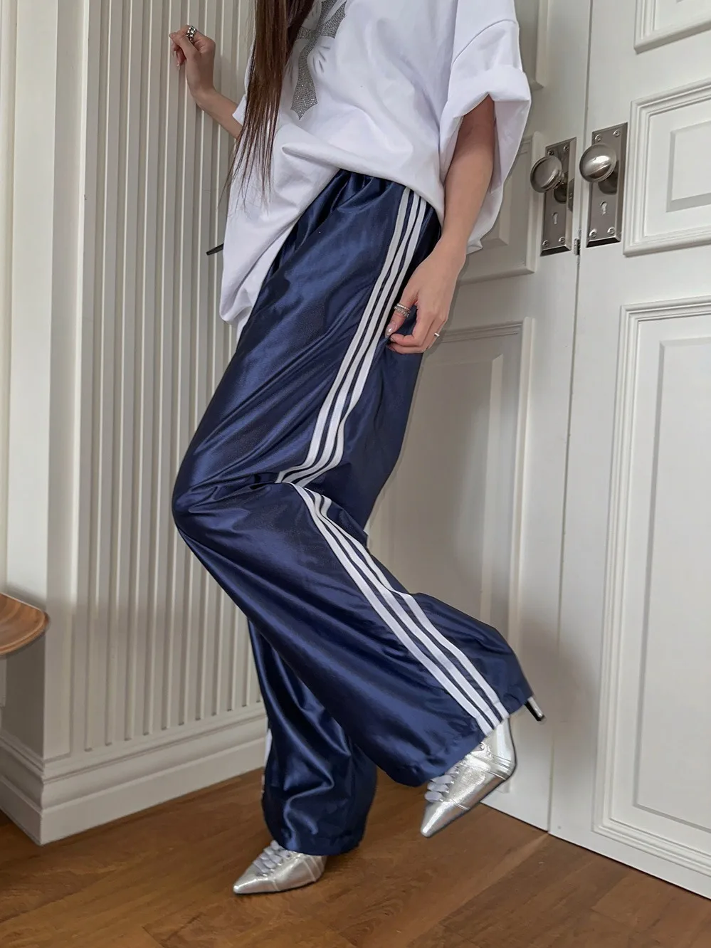 Summer Ins Street Retro Harajuku Glossy Sport Skateboard Wide Leg Pants Long Pants Street Dance Pants Comfortable Regular Fit