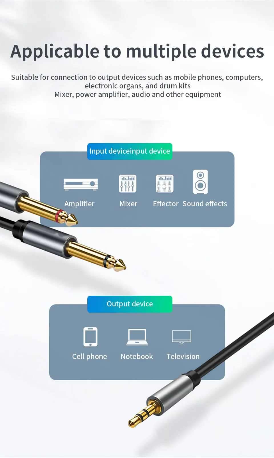 Jack 3.5mm to 6.35mm Adapter Audio Cable for Mixer Amplifier Speaker Gold Plated 6.5mm 3.5 Jack Male Splitter AUX Audio Cable