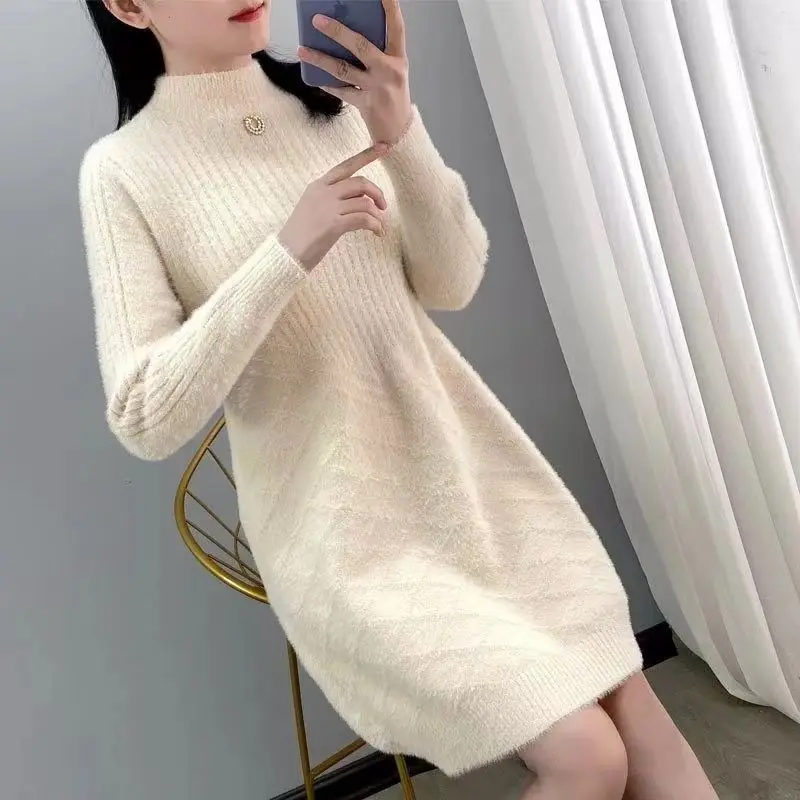 

Imitation mink semi-high neck sweater medium and long women loose solid knitted bottom autumn and winter pullover sweater female