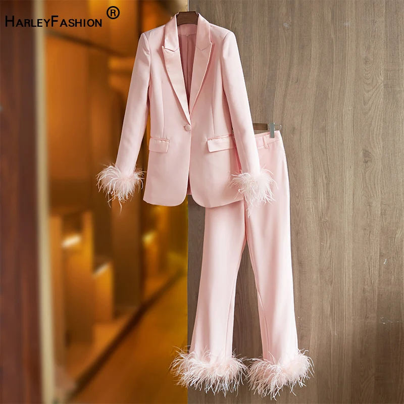 Elegant-American-Women-Street-Pink-Feather-2-Pieces-Pants-Set-Luxury