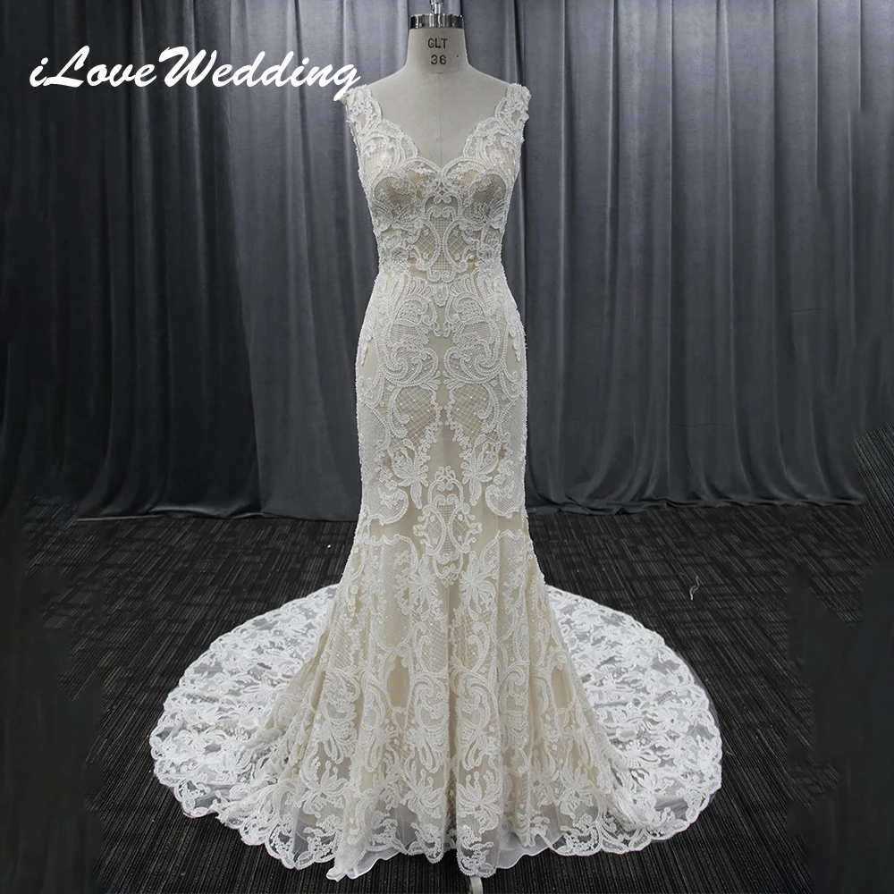 

2024 100% Real Photo Wedding Dress Mermaid V Neckline Fishtail Lace Tulle Wedding Gown Sexy Backless Pearls Beaded Bridal Gown