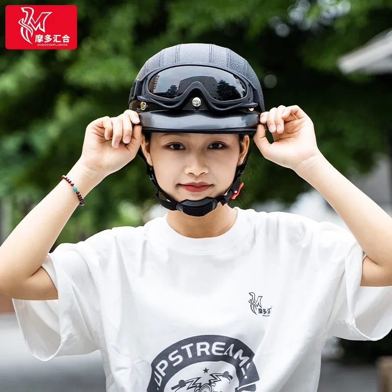 Electric Car for Harley PU Leather Retro Helmet with Goggles Scarf Men and Women Riding Sunshade Safety Protection Half Helmet