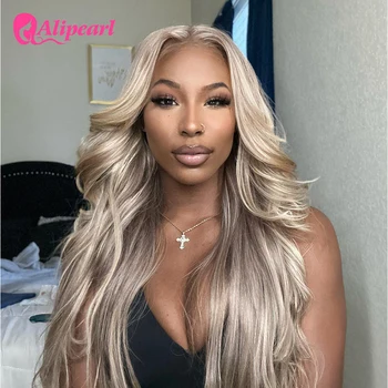 Ali Pearl Highlight P18/613 parrucca anteriore in pizzo capelli umani Ombre bionda onda del corpo parrucche Clousre in pizzo trasparente Pre-pizzicate per le donne