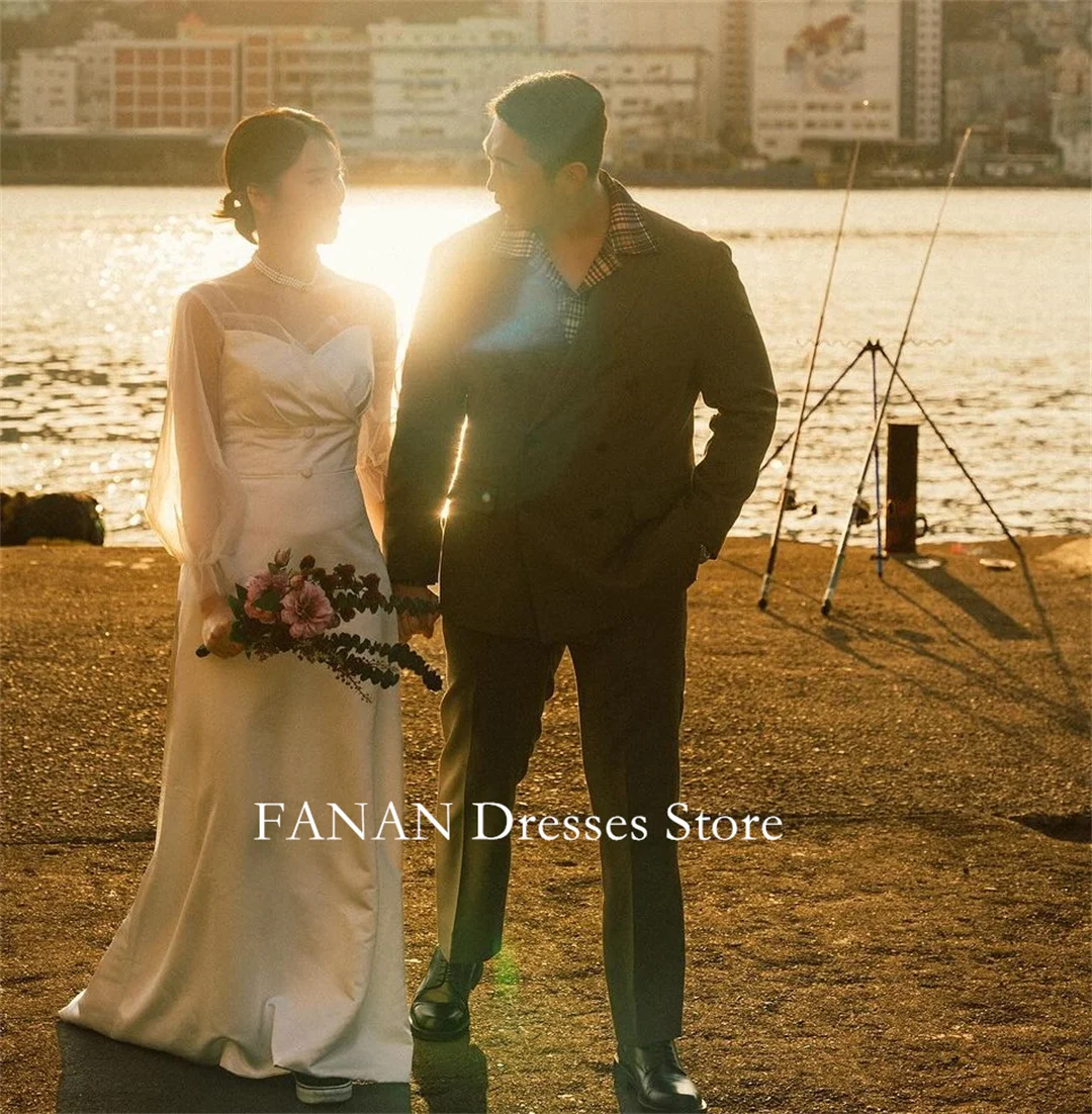 

FANAN Korea Ivory Satin Wedding Dresses 웨딩드레스 Custom Made A-Line Corset Sweetheart Sweep Train Bride Gowns Plus Size