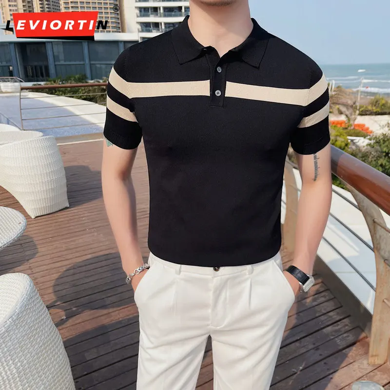 

2023 High Quality Men's Contrast Knitted Ice Polo Shirt Summer New High end Business Casual Polo Neck Short Sleeve T-shirt M-4XL