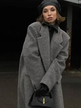 Giacca da donna Casual grigia cappotto di lana dentellato doppiopetto elegante con spacco sul retro capispalla allentata 2025 autunno Chic Street Coats 1