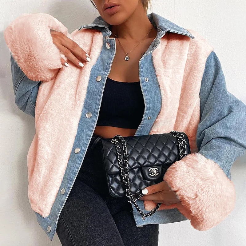 Casual Thickened Plush Denim Patchwork Warm Jacket for Women 2023 Autumn and Winter  Fur Single Breasted Fleece Coats Harajuku