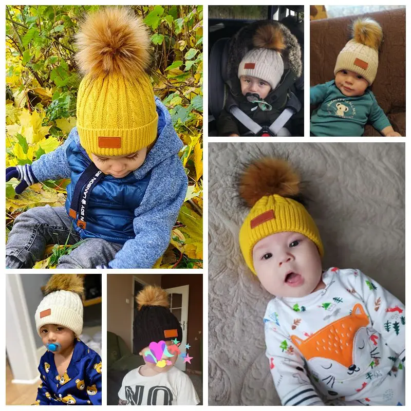 Winter Faux Fur Pompom Baby Cap Cute Knitted Woolen Infant Boy Girl Hat Beanie Solid Color Kids Elastic Warm Pullover Caps