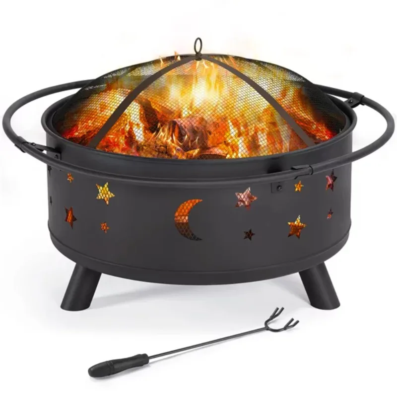 

Iron Fire Pit Set Heating Equipment Camping Fire Bowl with Poker Mesh Cover for BBQ Backyard Patio Outdoor Fireplace Black