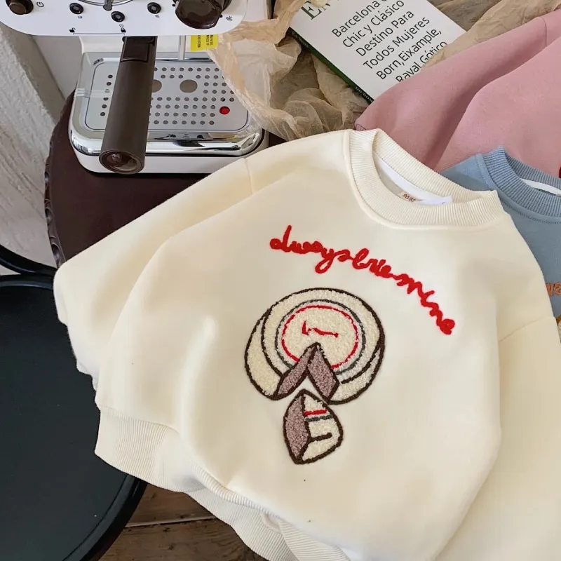 Newborn Baby Girl Boy Embroidery Velvet Hoodie Infant Toddler Child Long Sleeve Sweatshirt Casual Pullover Baby Clothes 9M-5Y
