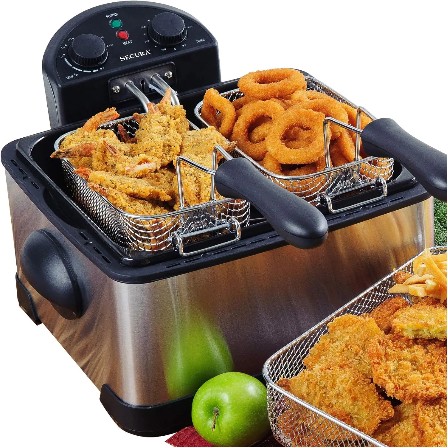 NEW 1700-Watt Stainless-Steel Triple Basket Electric Deep Fryer with Timer Free Extra Odor Filter, 4L/17-Cup,Silver