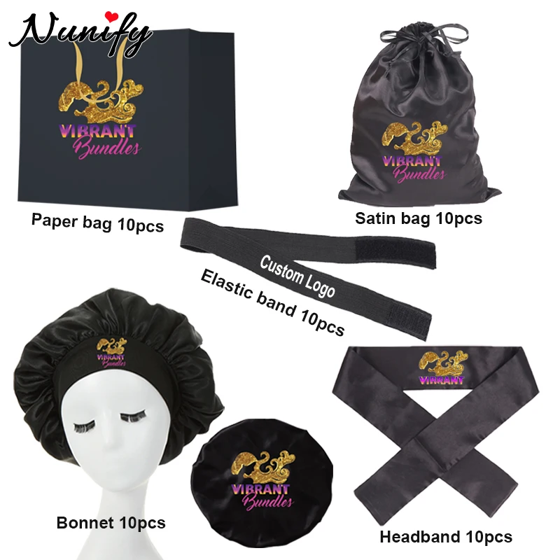 Custom Logo For Hair Packaging Bag Satin Bag With Drawstring Edge Melt Band Hair Bonnet 6cm Satin Wig Grip Headband Paper Bags