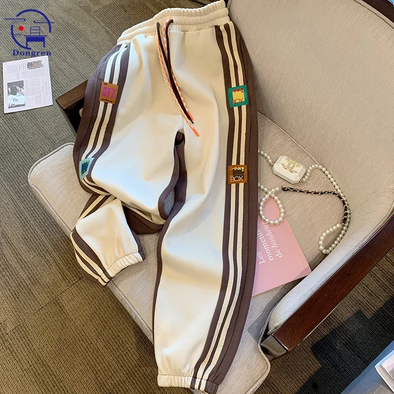 

Винтажные брюки, леггинсы, женские весенне-осенние свободные спортивные брюки в стиле high street с высокой талией и фонариками