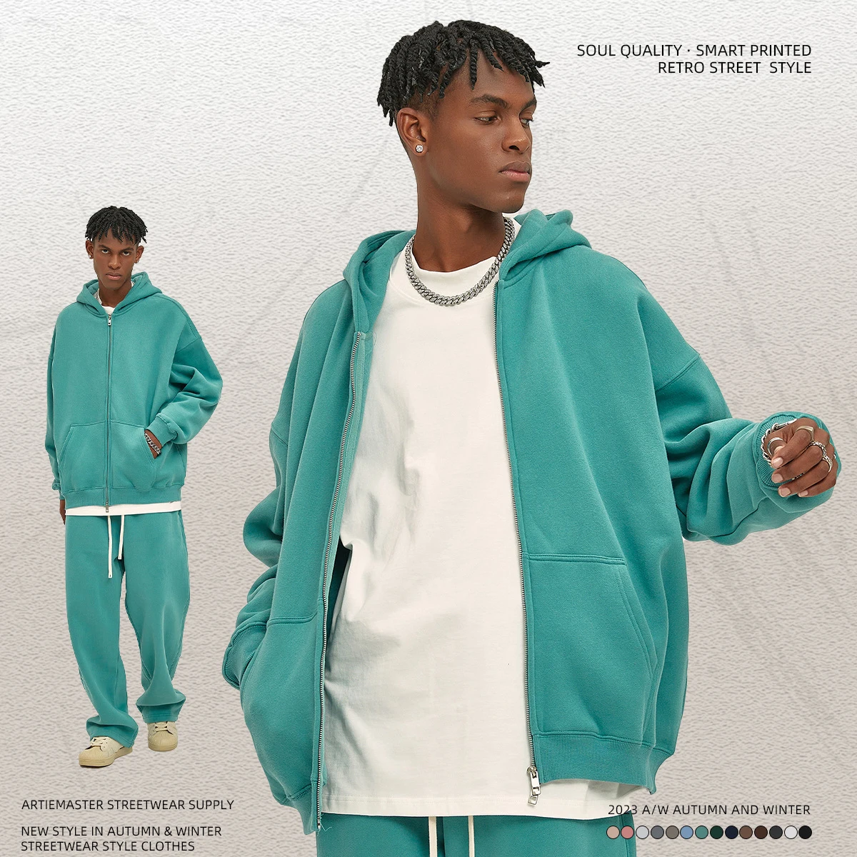 Autumn And Winter New Arrival Plus Velvet 350g Double-Head Zipper Cardigan Jacket Men And Women Loose Hooded Sweatshirt