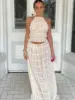 Fashion Halter Neck Long Skirt Suit Women Backless Sling Top Lace Up Fold Maxi Skirts 2024 New Summer Female 2 Piece Set Outfits 1