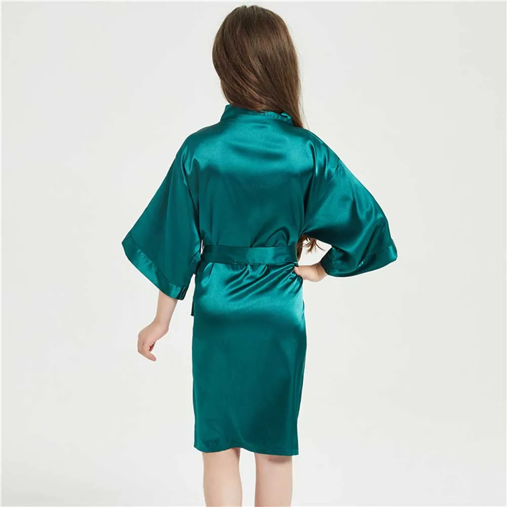 Kids Satin Black Kimono Robe Solid Girl Peacock Bath Robes for Wedding Spa Party Gifts Bridal Lingerie Sleepwear Bathrobe