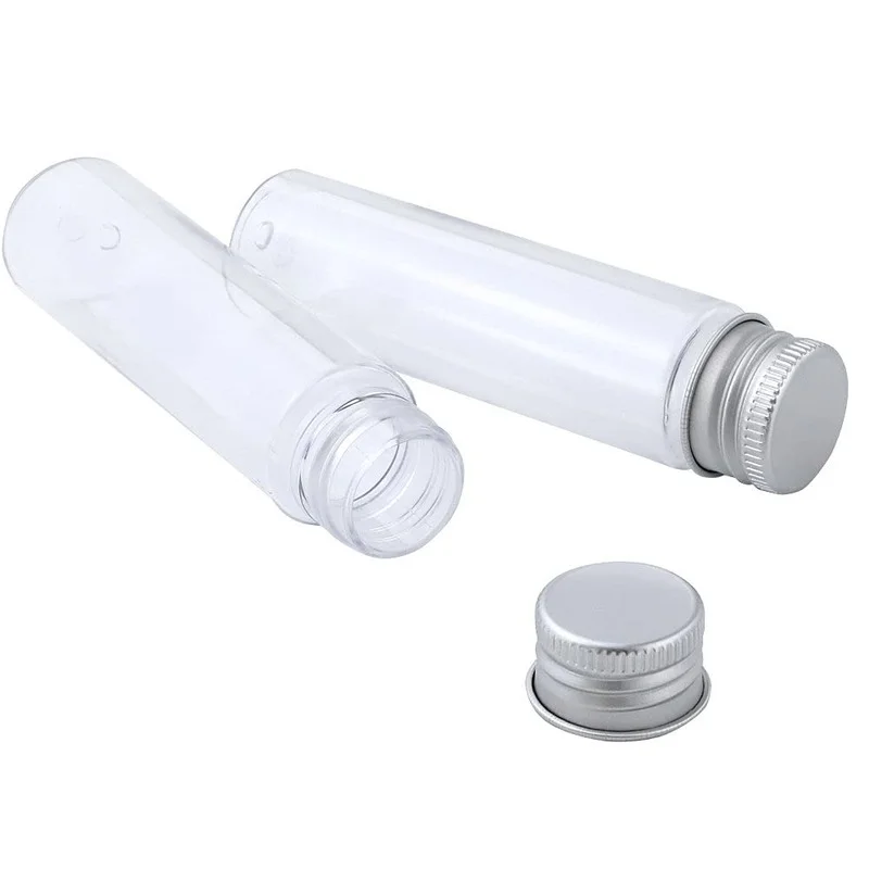 Tubes à essai transparents en plastique avec bouchons, tubes à bonbons  transparents, fond plat, test de sel de bain, brosse de livres, 110ml,  paquet de 18