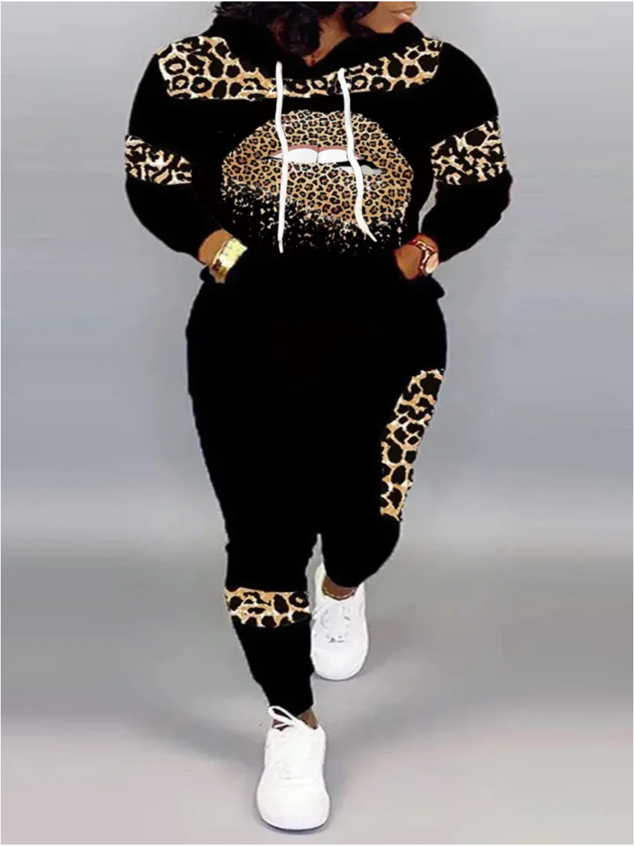 

LW Plus Size Casual Outfits Set Women's Plus Leopard & Lip Print Long Sleeve Drawstring Hoodie & Pants Outfits 2 Piece Set