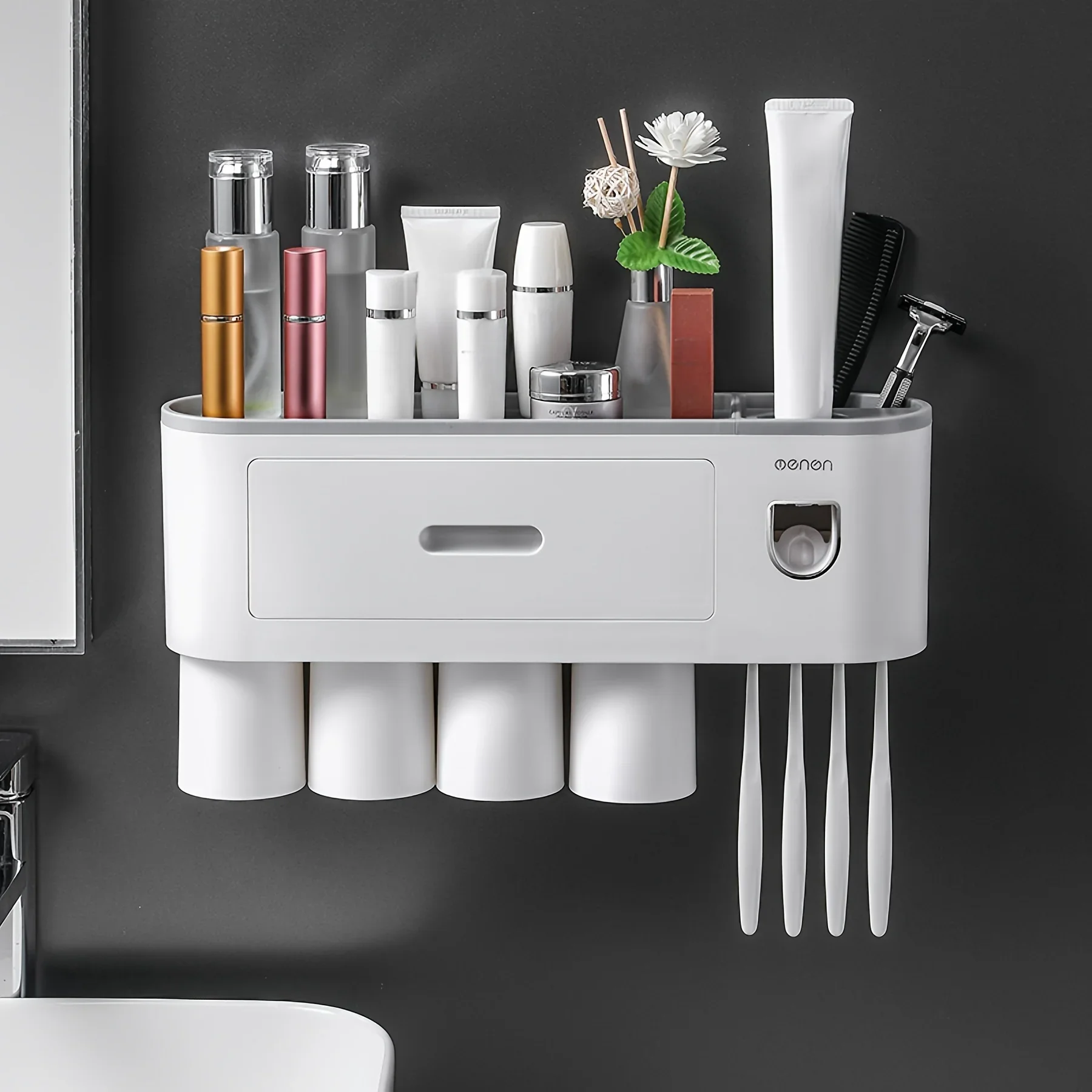 Wall-Mounted Toothbrush Holder Set No Drilling Auto toothpasteDispensers Magnetic Cups Hooks Simple Installation toothbrush holder toothpaste dispenser wall mounted storage hook