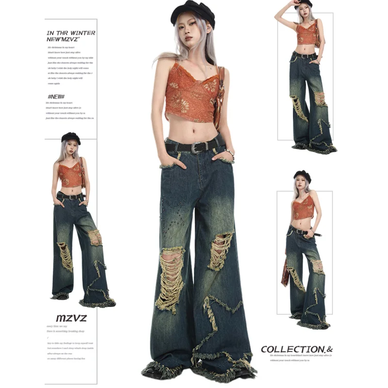 

Синие женские джинсы с завышенной талией, прямые мешковатые джинсовые брюки, рваные брюки, американская корейская мода, женские джинсовые брюки с широкими штанинами Y2K