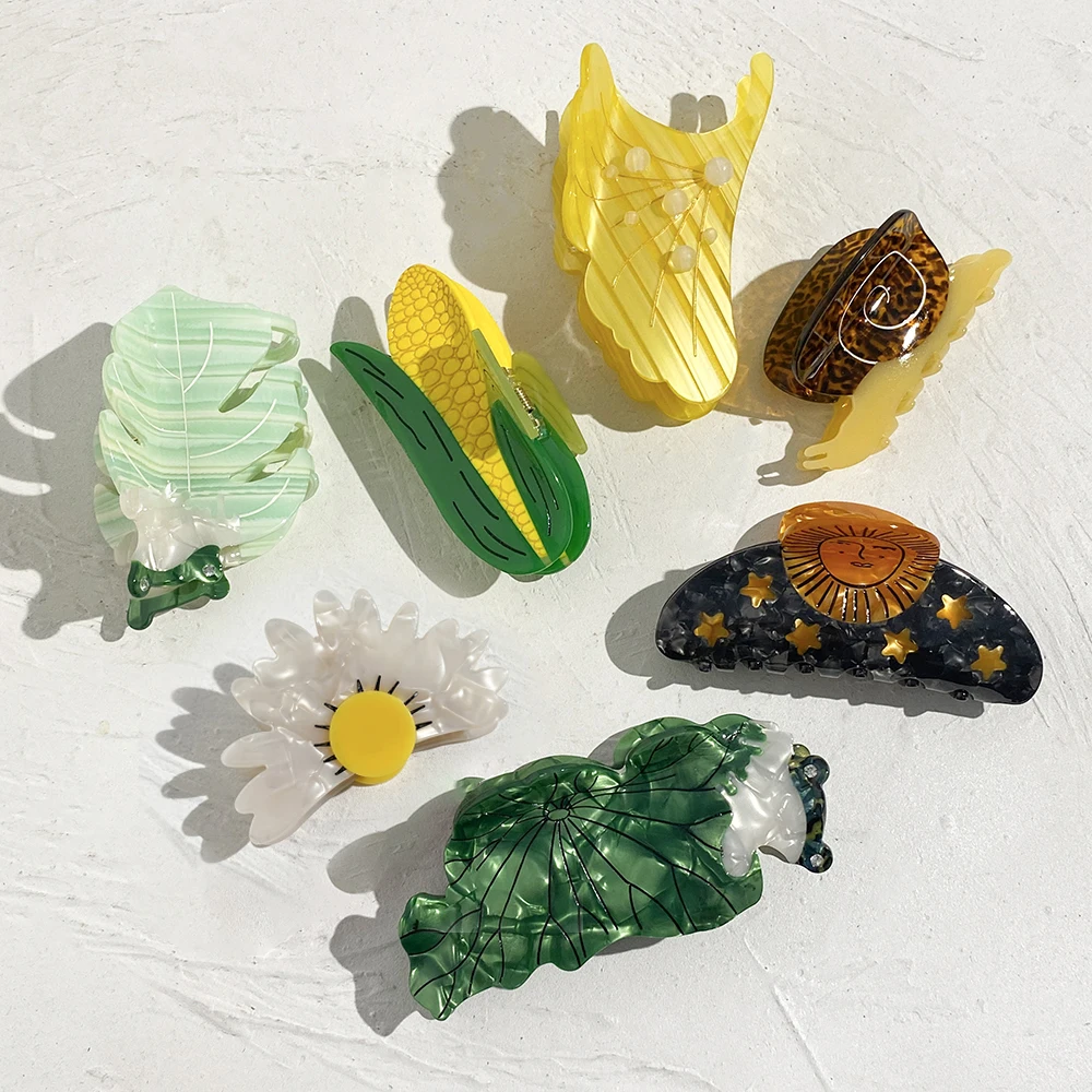 여성용 개성 아세테이트 옥수수 단풍잎 달팽이 개구리 머리 발톱 클립, 새로운 동물 꽃 머리핀, 헤어 액세서리 