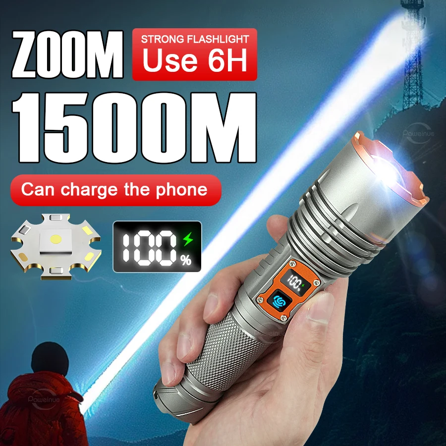 Newest Rechargeable LED Flashlight Portable Powerful Torch Light Long Shot 1500M High Power Flashlight Zoomable Tactical Lantern