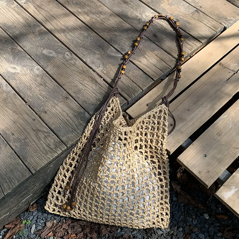 Beach Slim Tote Bags For Women Luxury Designer Handbags Purses 2025 New In Straw Woven Beaded Hollow With Inner Pocket Shoulder
