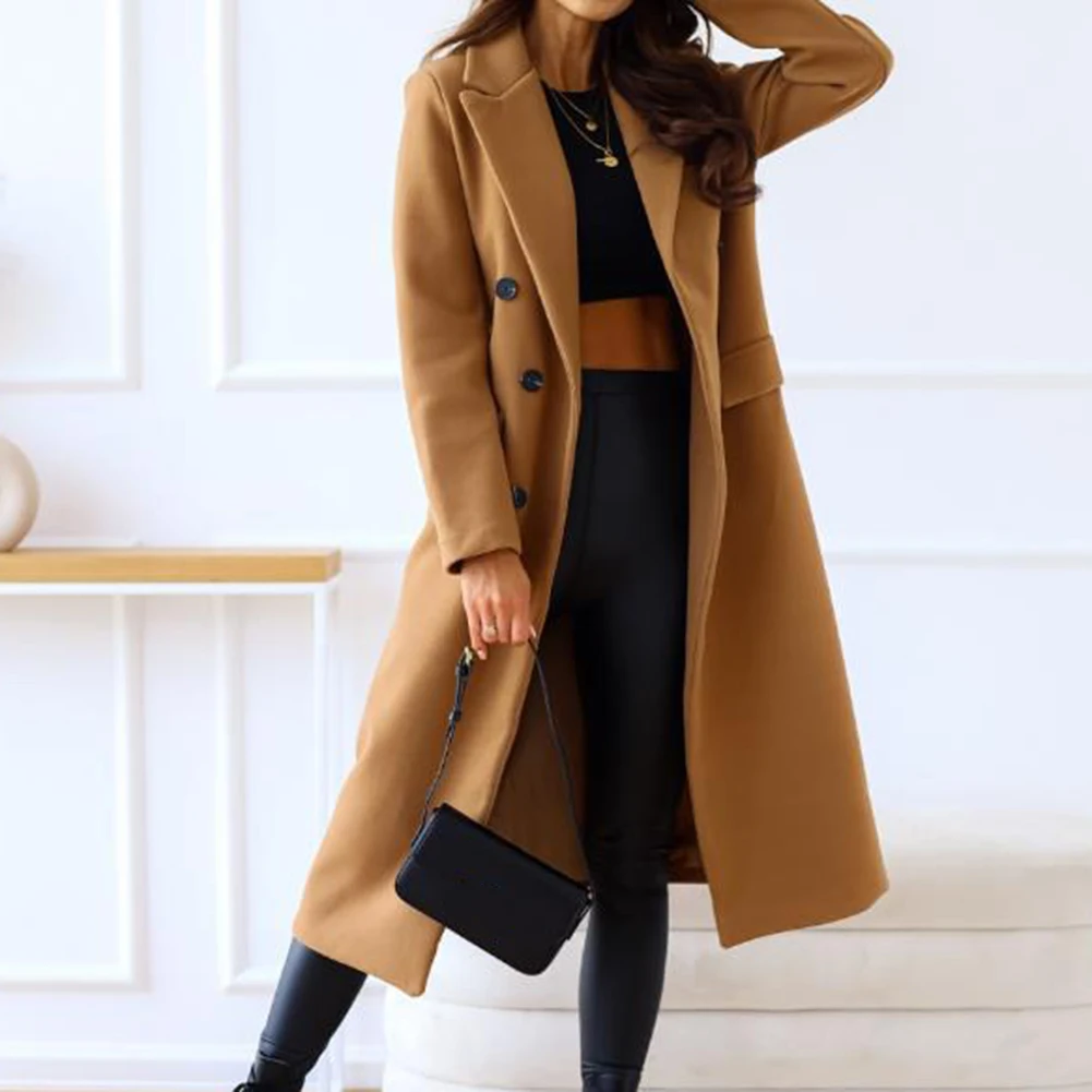 

Fashion Women Imitation Woolen Trench Jackets Ladies Casual Long Coats Lapel Double Breasted Winter Warm Outwear Overcoat Tops