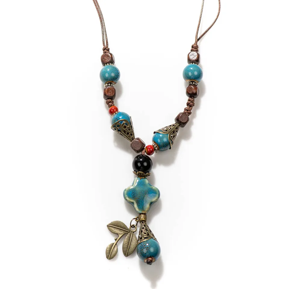 Collana Bohémien Vintage Con Perline In Ceramica A Forma Di Fiore – Gioiello Artistico Donna, Ciondolo Floreale Antico, Cordino Regolabile, Colori Vivaci, Taglia Unica