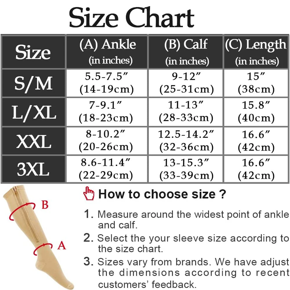 compression socks leg swelling size chart