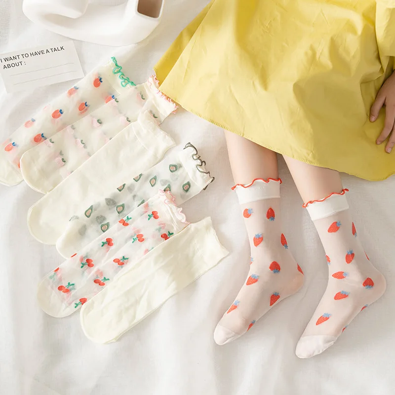 

Летние тонкие шелковые носки для девочек, милые детские носки с мультяшными фруктами и цветами для детей, повседневные модные носки принцес...