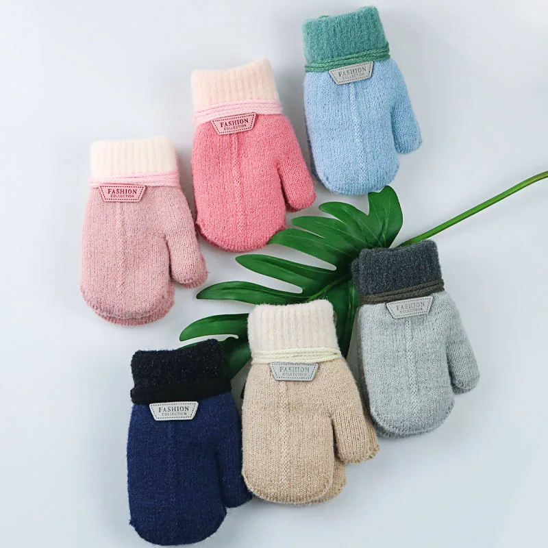 

Children's Glove Winter Solid Thicken Plus Velvet Halter Gloves For Kids Toddler Outdoor Keep Warm Knitted Mittens With Rope