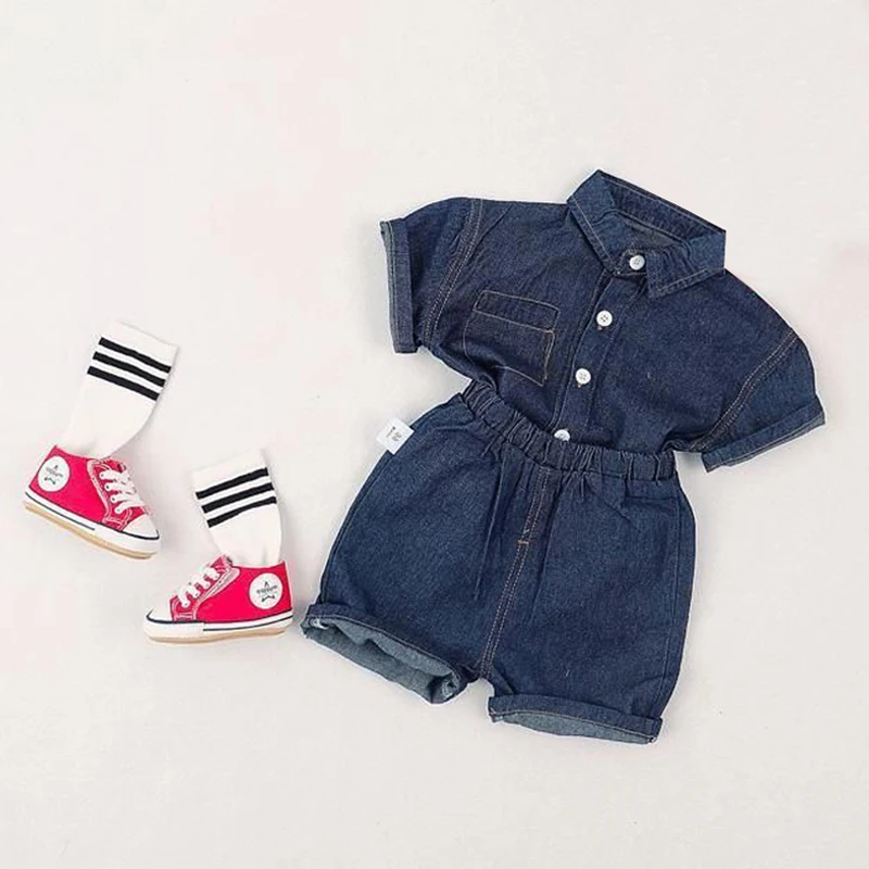 baby clothing set red	 Boys and girls short-sleeved denim shirts cardigan tops children's suits summer baby girl shorts suits fashion two-piece suit baby clothes in sets	