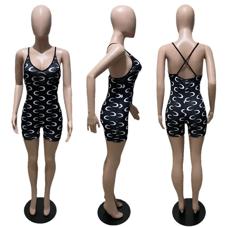 Fitness Women Rompers Printed Sleeveless Skinny High Waist Playsuit 2022 Summer High Street Activewear Sexy Backless Jumpsuits
