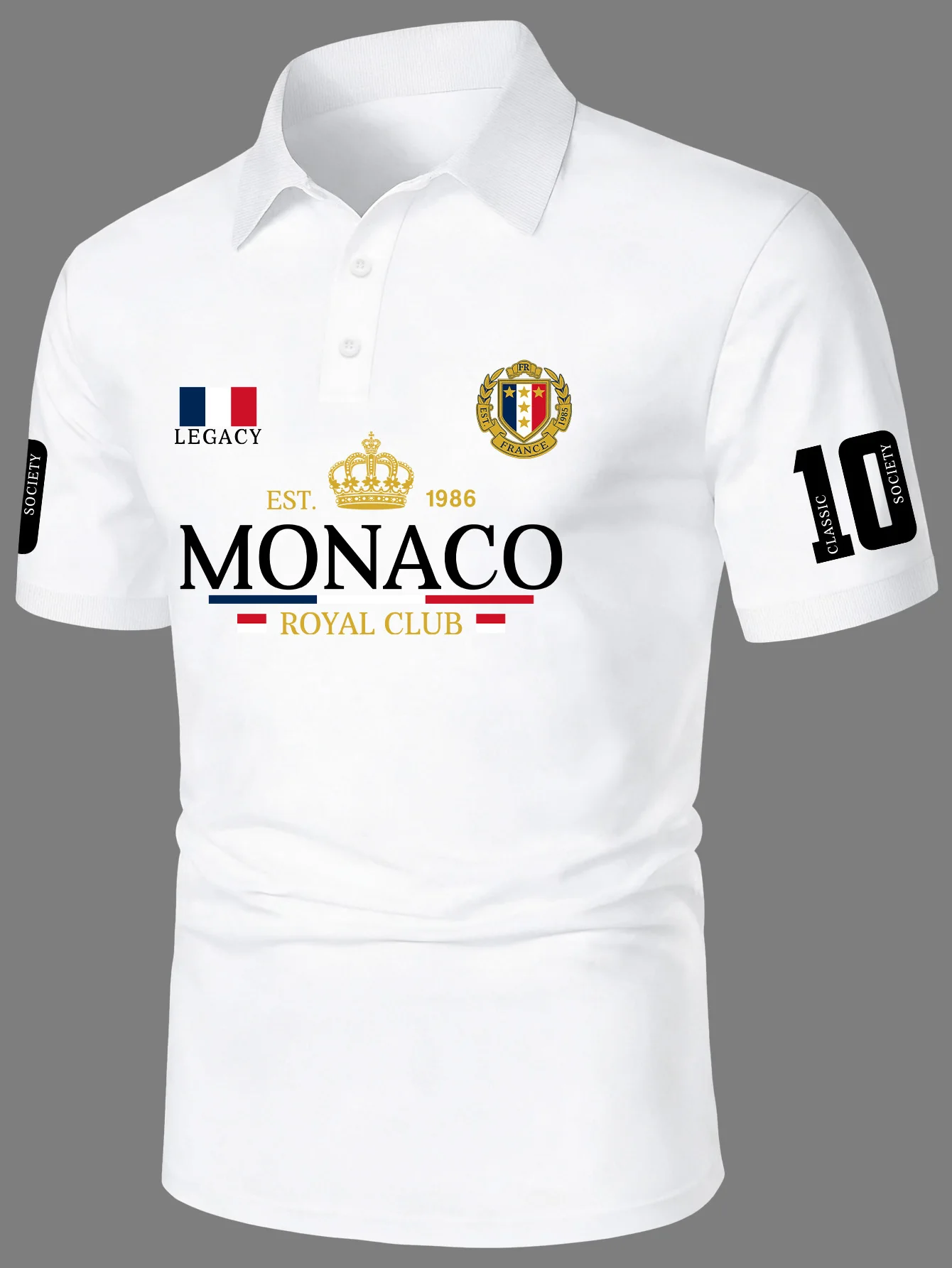 Elegantes Herren-Poloshirt mit Königskronen-Druck, Umlegekragen, Kurzarm, Polyester-Oberteil mit Nummer 10 Ärmeldetail, Größen S-XXL
