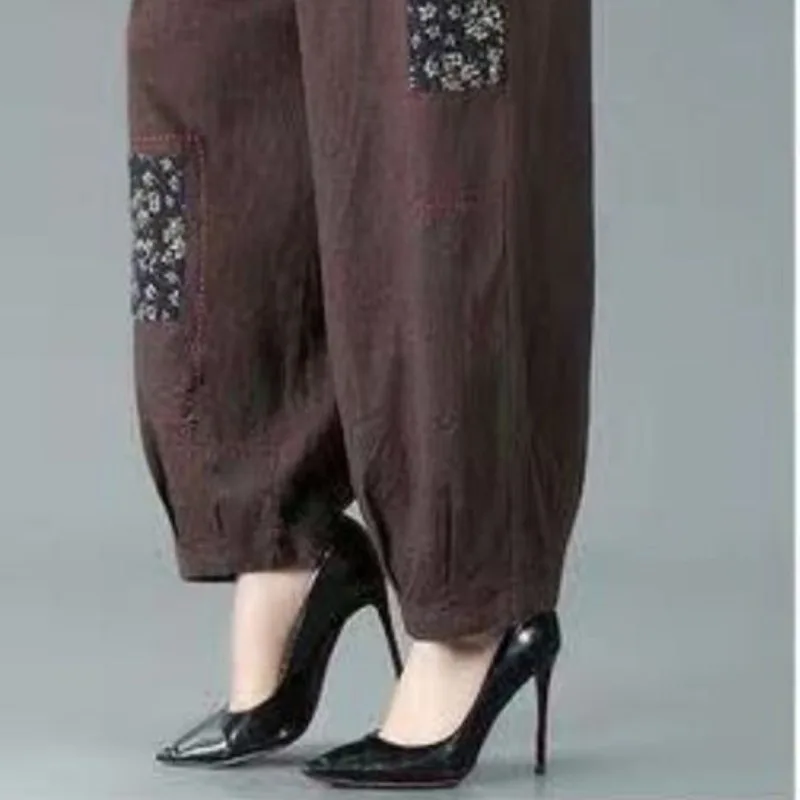 Summer Lantern Women's 2024 Spliced Elastic Waist Retro Pocket Print Fashion Minimalist Commuting Harlan Loose Casual Pants