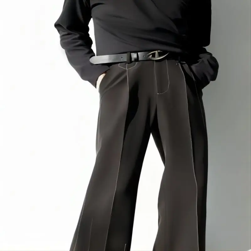New men's nine point straight leg pants with stitching high-end drape black autumn and winter micro flared suit pants