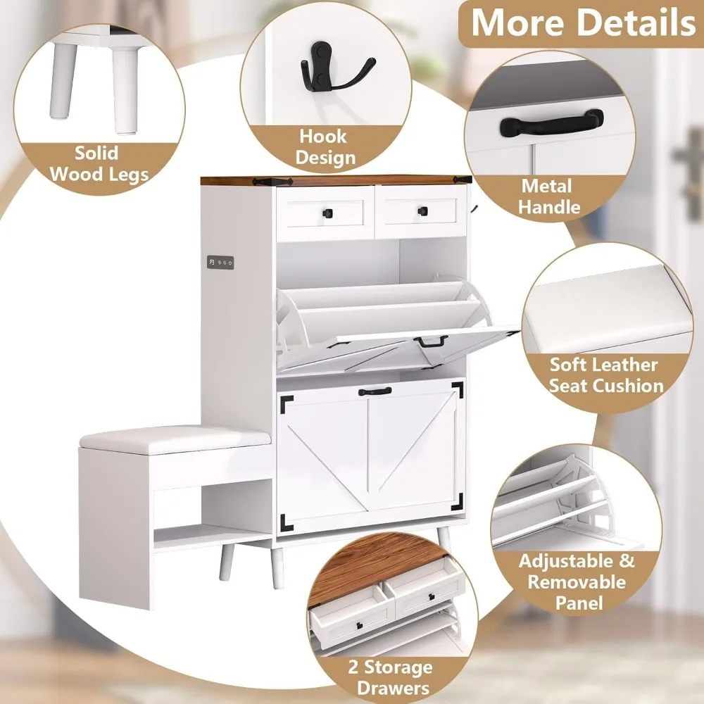 Shoe Cabinet with Bench, Deodorizing Shoe Storage Cabinet with 2 Flip Drawers and 2 Sliding Drawers, Free Standing Narrow Farmho 4