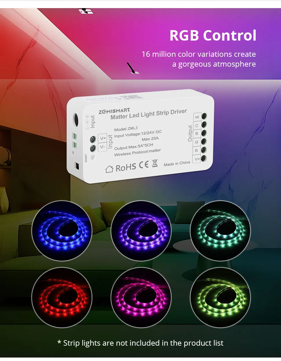 Matter Over WiFi LED Strip Light Driver RGBCW with Wireless Switch ACDC Adapter