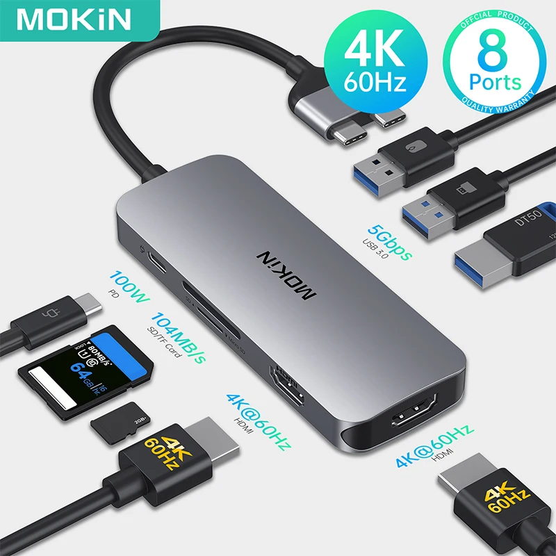 MOKiN Docking Station USB C Dual HDMI Adapter Hub 4K 60Hz USB 3.0
