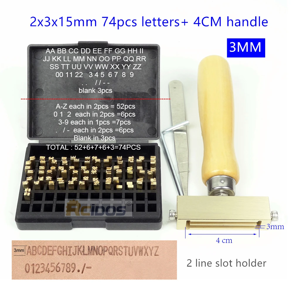 RCIDOS 2x3/4x15mm dubbele sleuf handvat stempelgereedschap, flexibele messing hete folie letters, DY-8 nummer alfabet karakters, 1 optie pri
