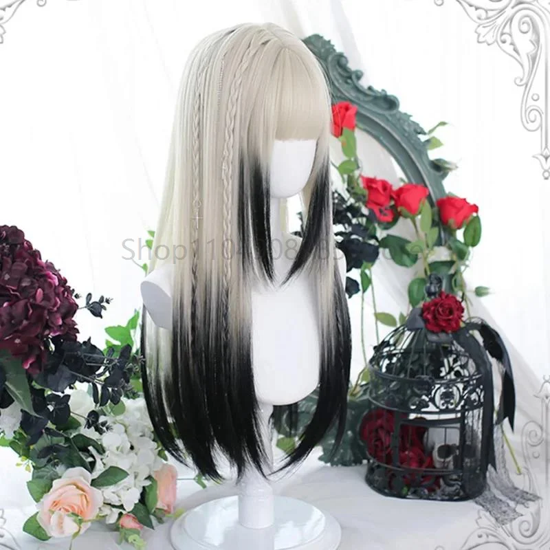 parrucca sintetica da donna con capelli lisci lunghi, parrucca grigia sfumata argento, parrucca cosplay lolita con frangia, parrucca da festa 2025 - immagine 4