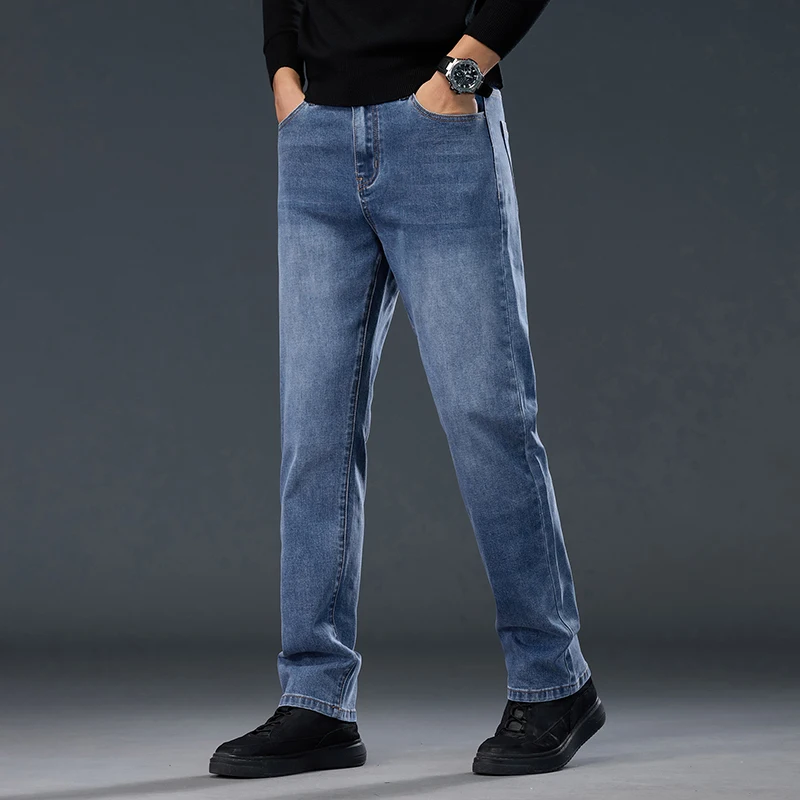 Men's Jeans Autumn New High Waist Business Casual Straight Trousers Classic Blue Black Elastic Washed denim Pants Brand Clothing 6